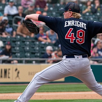 Mar 20, 2022; Mesa, Arizona, USA; Cleveland Guardians pitcher Nic Enright (49) on the mound in the fifth inning against the Oakland Athletics during spring training at Hohokam Stadium. Mandatory Credit: Allan Henry-Imagn Images