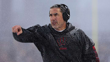 Nov 29, 2025; Minneapolis, Minnesota, USA; Wisconsin Badgers head coach Luke Fickell reacts during the first half against the Minnesota Golden Gophers at Huntington Bank Stadium. Mandatory Credit: Matt Krohn-Imagn Images