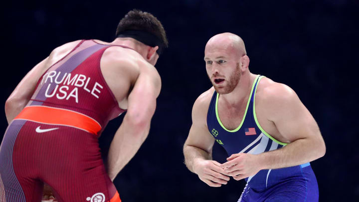 Apr 20, 2024; State College, Pennsylvania, USA; Kyle Snyder (right) wrestles Isaac Trumble in the 97 kilograms freestyle Championship Final during day two of the U.S. Olympic Wrestling Team Trials at Bryce Jordan Center at Penn State. Mandatory Credit: Matthew O'Haren-USA TODAY Sports