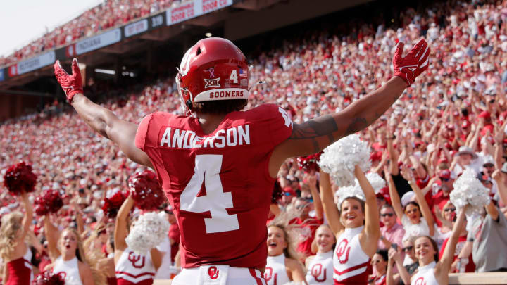 Oklahoma's Nic Anderson (4) celebrates a touchdown in the first half of the college football game between the University of Oklahoma Sooners and the University of Central Florida Knights at Gaylord Family Oklahoma-Memorial Stadium in Norman, Okla., Saturday, Oct., 21, 2023.