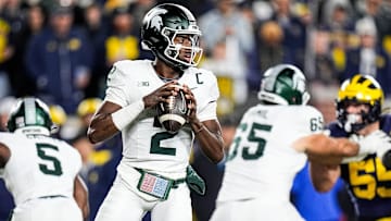 Michigan State quarterback Aidan Chiles (2) looks before making a pass against Michigan during the first half at Michigan Stadium in Ann Arbor on Saturday, Oct. 26, 2024.