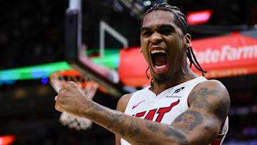 Miami Heat guard Josh Christopher reacts after dunking the basketball against the New Orleans Pelicans during the fourth quarter at Kaseya Center