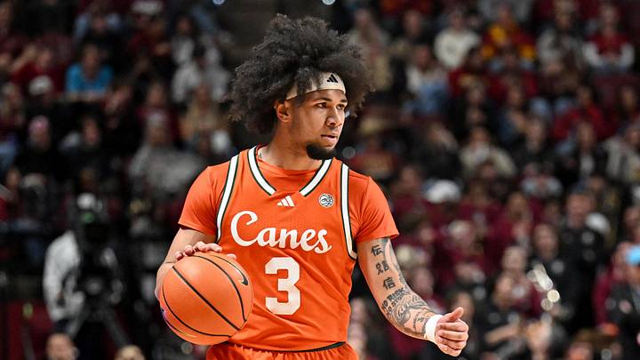 Feb 24, 2026; Tallahassee, Florida, USA; Miami Hurricanes guard Tre Donaldson (3) during the first half against the Florida State Seminoles at Donald L. Tucker Center. Mandatory Credit: Melina Myers-Imagn Images