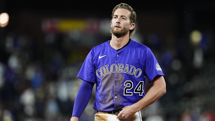 Jun 24, 2025; Denver, Colorado, USA; Colorado Rockies third baseman Ryan McMahon (24) following the loss to the Los Angeles Dodgers at Coors Field.