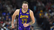 Feb 22, 2025; Denver, Colorado, USA; Los Angeles Lakers guard Luka Doncic (77) after a basket during the first half against the Denver Nuggets at Ball Arena. Mandatory Credit: Christopher Hanewinckel-Imagn Images