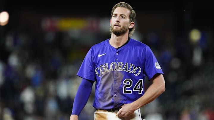 Jun 24, 2025; Denver, Colorado, USA; Colorado Rockies third baseman Ryan McMahon (24) following the loss to the Los Angeles Dodgers at Coors Field.