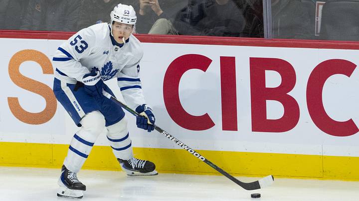 Mar 21, 2026; Ottawa, Ontario, CAN; Toronto Maple Leafs right wing Easton Cowan (53) skates with the puck in the third period against the Ottawa Senators at the Canadian Tire Centre. Mandatory Credit: Marc DesRosiers-IMAGN Images