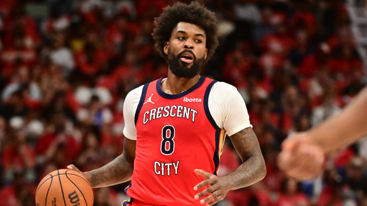 Apr 27, 2024; New Orleans, Louisiana, USA; New Orleans Pelicans Forward Naji Marshall (8) handles the ball against the Oklahoma City Thunde during the second quarter of game three of the first round for the 2024 NBA playoffs at Smoothie King Center