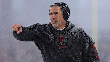 Nov 29, 2025; Minneapolis, Minnesota, USA; Wisconsin Badgers head coach Luke Fickell reacts during the first half against the Minnesota Golden Gophers at Huntington Bank Stadium. Mandatory Credit: Matt Krohn-Imagn Images