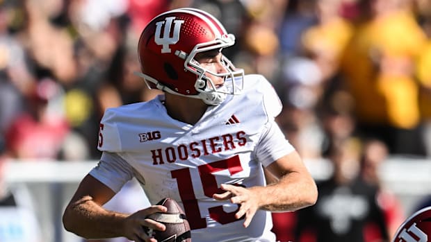 Indiana quarterback Fernando Mendoza throws a pass against Iowa on Sept. 27, 2025, at Kinnick Stadium.