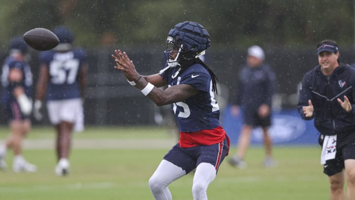 Jul 27, 2024; Houston, TX, USA; Houston Texans wide receiver Noah Brown (85) during training camp at Houston Methodist Training Center. Mandatory Credit: Troy Taormina-USA TODAY Sports