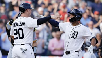 Jun 17, 2025; Detroit, Michigan, USA;  Detroit Tigers outfielder Wenceel Pérez (46) celebrates with first baseman Spencer Torkelson (20) after he hitting a two-run home run in the second inning against the Pittsburgh Pirates at Comerica Park. 