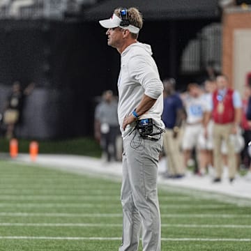 Sep 14, 2024; Winston-Salem, North Carolina, USA;  Mississippi Rebels head coach Lane Kiffin during the first half against the Wake Forest Demon Deacons at Allegacy Federal Credit Union Stadium. Mandatory Credit: Jim Dedmon-Imagn Images