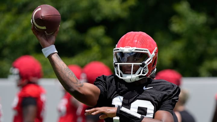 Georgia quarterback Hezekiah Millender (19) looks to throw a pass at the first day of fall practice in Athens, Georgia, on Thursday, July 31, 2025. Millender played his high school football at Clarke Central.