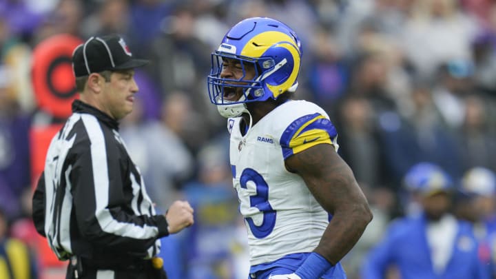 Dec 10, 2023; Baltimore, Maryland, USA;  Los Angeles Rams linebacker Ernest Jones (53) celebrates after sacking Baltimore Ravens quarterback Lamar Jackson (8) during the first quarter at M&T Bank Stadium. Mandatory Credit: Jessica Rapfogel-USA TODAY Sports