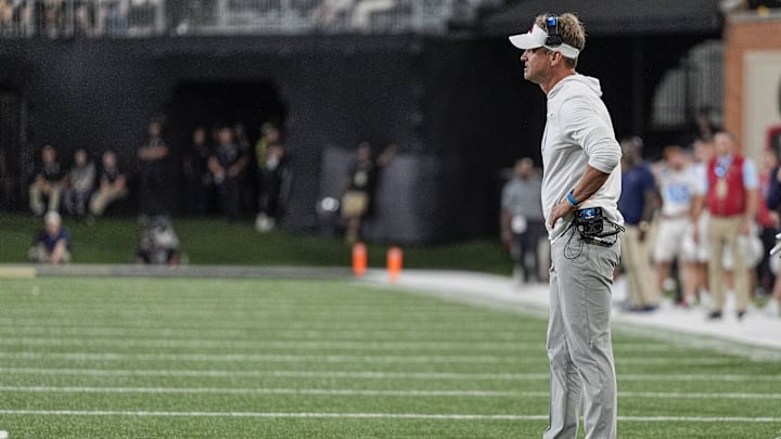 Sep 14, 2024; Winston-Salem, North Carolina, USA;  Mississippi Rebels head coach Lane Kiffin during the first half against the Wake Forest Demon Deacons at Allegacy Federal Credit Union Stadium. Mandatory Credit: Jim Dedmon-Imagn Images