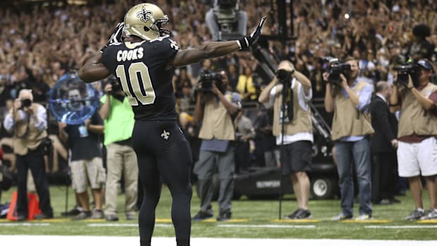 Oct 26, 2014; New Orleans Saints wide receiver Brandin Cooks (10) celebrates a touchdown against the Green Bay Packers 