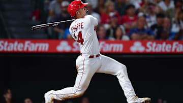 Sep 26, 2023; Anaheim, California, USA; Los Angeles Angels catcher Logan O'Hoppe (14) hits a single
