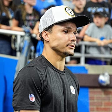 Pittsburgh Steelers wide receiver Roman Wilson (10) walks down the tunnel before a preseason game against Detroit Lions at Ford Field in Detroit on Saturday, August 24, 2024.