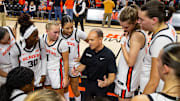 Oregon State head coach Scott Rueck, center, speaks to his team after defeating San Francisco 64-57 in a NCAA basketball game at Gill Coliseum on Thursday, Jan. 9, 2025, in Corvallis, Ore.