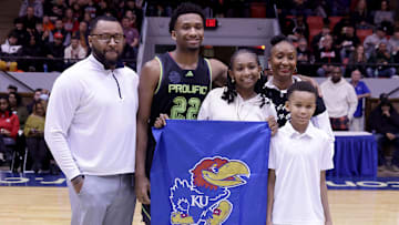 Darryn Peterson, a Kansas recruit, and his family are recognized before Prolific Prep’s game against St. Vincent-St. Mary in the Scholastic Play-by-Play Classic, Tuesday, Feb. 18, 2025, at Canton Memorial Civic Center.