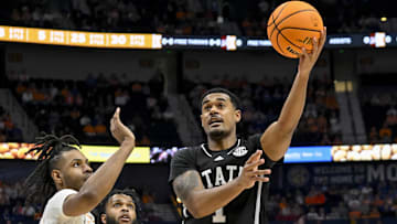 Mar 15, 2024; Nashville, TN, USA; Mississippi State Bulldogs forward Tolu Smith (1) shoots against