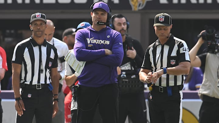 Minnesota Vikings head coach Kevin O'Connell looks on from the sidelines during the first half against the Cincinnati Bengals at U.S. Bank Stadium.