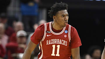 Arkansas Razorbacks forward Karter Knox (11) reacts after shooting a three point basket during the second half against the Texas Tech Red Raiders during a West Regional semifinal of the 2025 NCAA tournament at Chase Center.