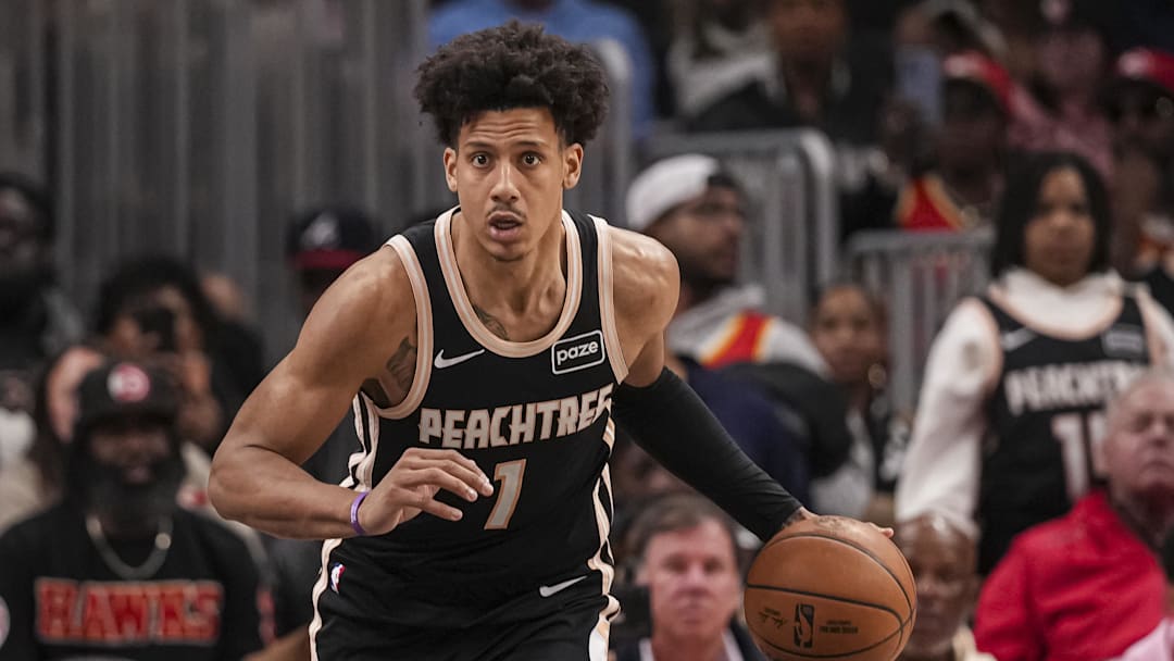 Mar 16, 2026; Atlanta, Georgia, USA; Atlanta Hawks forward Jalen Johnson (1) brings the ball up the floor against the Orlando Magic during the second half at State Farm Arena. Mandatory Credit: Dale Zanine-Imagn Images