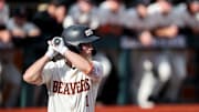 Oregon State outfielder Gavin Turley (1) prepares to bat during the game against Oregon on Tuesday, April 29, 2025 at Goss Stadium in Corvallis, Ore.