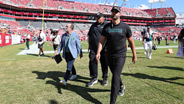 Sep 29, 2024; Tampa, Florida, USA; Philadelphia Eagles head coach Nick Sirianni walks off the field after a game against the Tampa Bay Buccaneers at Raymond James Stadium. Mandatory Credit: Nathan Ray Seebeck-Imagn Images
