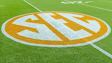 Oct 20, 2018; Knoxville, TN, USA; The SEC logo on the field at Neyland Stadium before a game between the Tennessee Volunteers and Alabama Crimson Tide. Mandatory Credit: Bryan Lynn-Imagn Images
