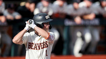 Oregon State outfielder Gavin Turley (1) prepares to bat during the game against Oregon on Tuesday, April 29, 2025 at Goss Stadium in Corvallis, Ore.