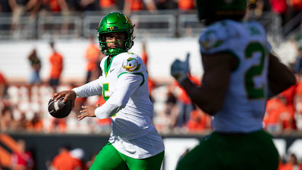Oregon quarterback Dante Moore looks to pass as the Oregon State Beavers host the Oregon Ducks Saturday, Sept. 14, 2024 at Re