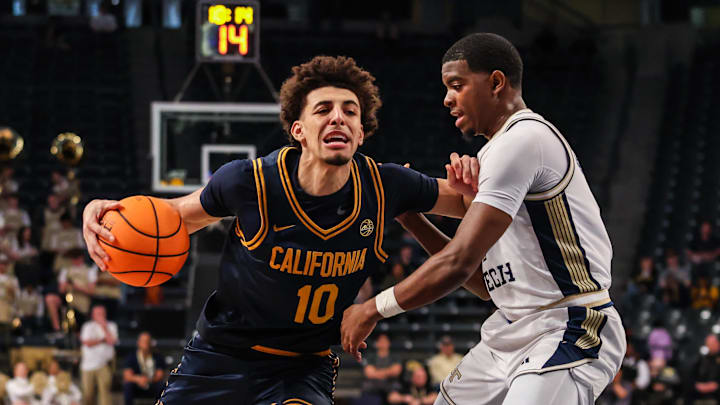 Mar 4, 2026; Atlanta, Georgia, USA; California Golden Bears guard Justin Pippen (10) drives the ball towards the basket against Georgia Tech Yellow Jackets guard Chas Kelley III (7) during the first half at McCamish Pavilion. Mandatory Credit: Jordan Godfree-Imagn Images