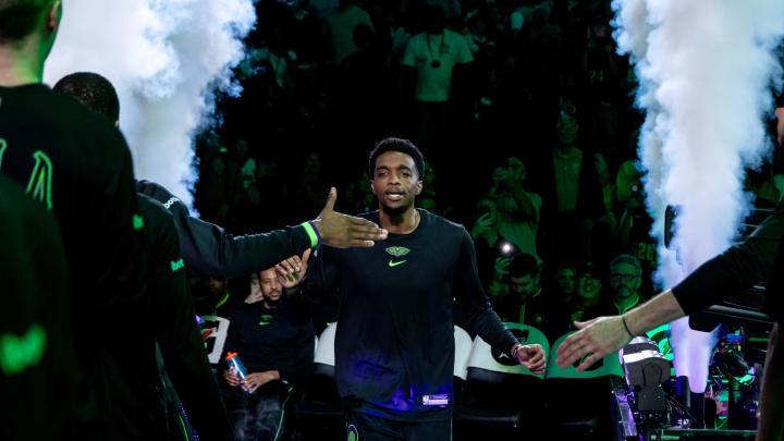 Apr 5, 2024; New Orleans, Louisiana, USA; New Orleans Pelicans forward Herbert Jones (5) is announced to the fans against the San Antonio Spurs during the first half at Smoothie King Center. 