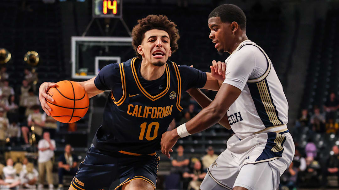 Mar 4, 2026; Atlanta, Georgia, USA; California Golden Bears guard Justin Pippen (10) drives the ball towards the basket against Georgia Tech Yellow Jackets guard Chas Kelley III (7) during the first half at McCamish Pavilion. Mandatory Credit: Jordan Godfree-Imagn Images