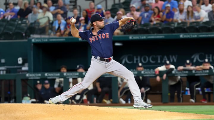 Aug 2, 2024; Arlington, Texas, USA; Boston Red Sox starting pitcher Kutter Crawford (50) throws during the first inning against the Texas Rangers at Globe Life Field.