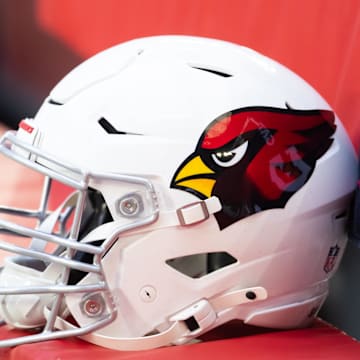 Jan 5, 2025; Glendale, Arizona, USA; Detailed view of an Arizona Cardinals helmet at State Farm Stadium. Mandatory Credit: Mark J. Rebilas-Imagn Images