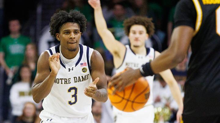 Notre Dame guard Markus Burton (3) celebrates after making a basket during a NCAA men's basketball game against Missouri at Purcell Pavilion on Tuesday, Dec. 2, 2025, in South Bend.