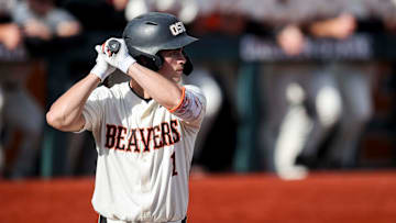 Oregon State outfielder Gavin Turley (1) prepares to bat during the game against Oregon on Tuesday, April 29, 2025 at Goss Stadium in Corvallis, Ore.