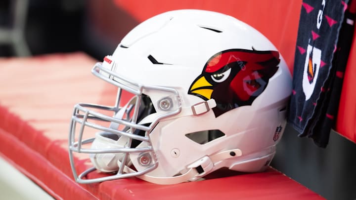 Detailed view of an Arizona Cardinals helmet at State Farm Stadium. Detailed view of an Arizona Cardinals helmet at State Farm Stadium.