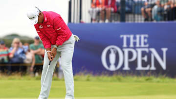 Hideki Matsuyama putts on the 12th hole during the third round of The 153rd Open Championship golf tournament. 