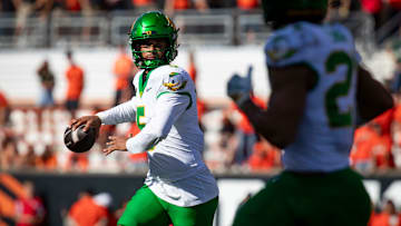 Dante Moore was 7-8 passing in mop-up duty for the Ducks in 2024,  his redshirt season. Thursday morning he takes over as the favorite to become QB-1.