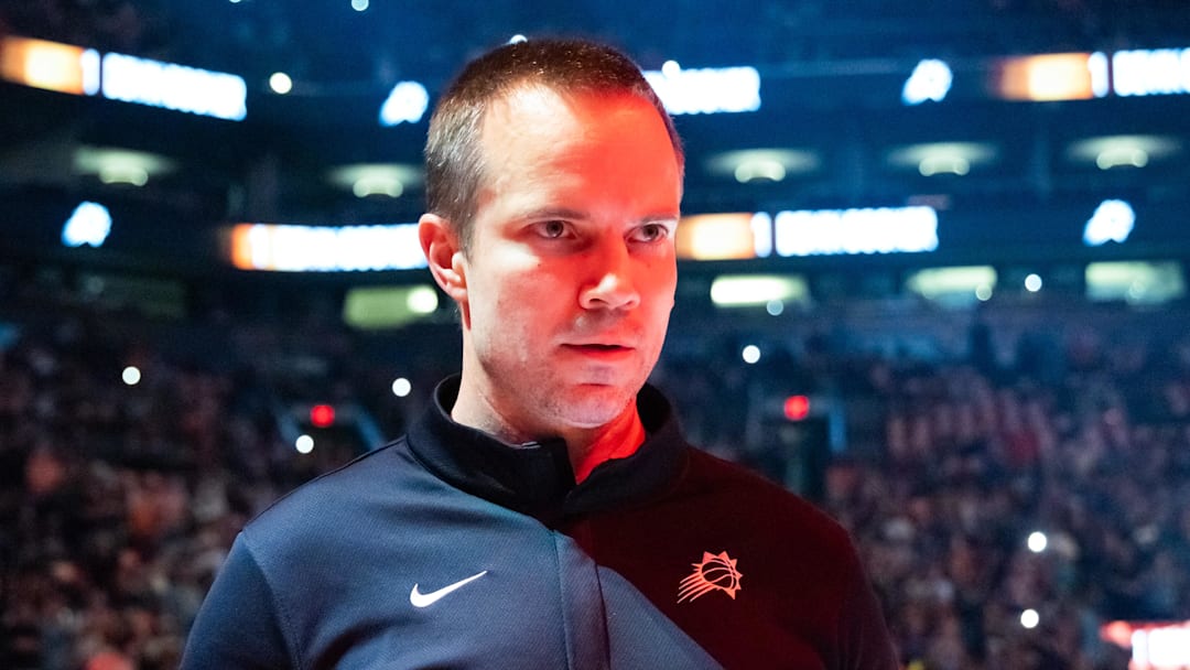 Apr 27, 2026; Phoenix, Arizona, USA; Phoenix Suns head coach Jordan Ott against the Oklahoma City Thunder during game four of the first round of the 2026 NBA Playoffs at Mortgage Matchup Center. Mandatory Credit: Mark J. Rebilas-Imagn Images

