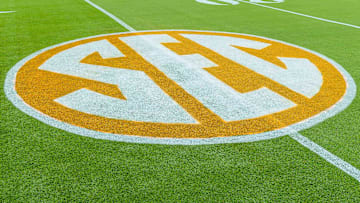 Oct 20, 2018; Knoxville, TN, USA; The SEC logo on the field at Neyland Stadium before a game between the Tennessee Volunteers and Alabama Crimson Tide. Mandatory Credit: Bryan Lynn-Imagn Images