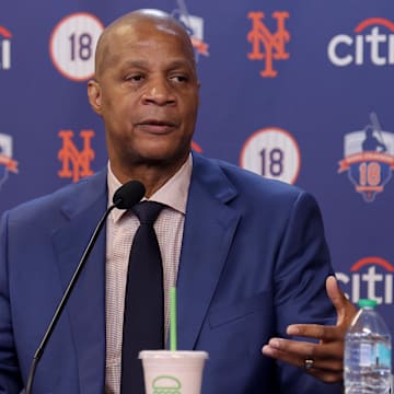 Jun 1, 2024; New York City, New York, USA; New York Mets former player Darryl Strawberry speaks during a press conference at Citi Field before his number is retired by the team in a ceremony before a game against the Arizona Diamondbacks. Mandatory Credit: Brad Penner-Imagn Images