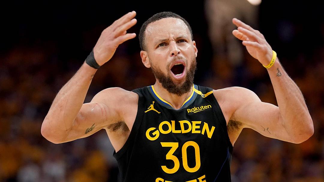 May 2, 2025; San Francisco, California, USA; Golden State Warriors guard Stephen Curry (30) reacts after being fouled against the Houston Rockets in the third quarter of game six of the first round for the 2025 NBA Playoffs at Chase Center. Mandatory Credit: Cary Edmondson-Imagn Images