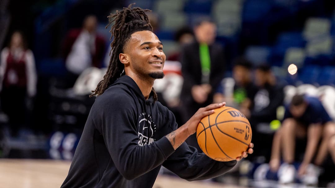 Dec 8, 2025; New Orleans, Louisiana, USA; San Antonio Spurs guard Stephon Castle (5) during warmups before the game against the New Orleans Pelicans at Smoothie King Center.