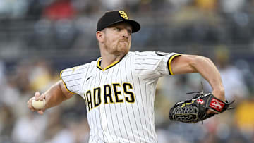 Aug 19, 2025; San Diego, California, USA; San Diego Padres starting pitcher Nick Pivetta (27) delivers during the first inning against the San Francisco Giants at Petco Park. Mandatory Credit: Denis Poroy-Imagn Images